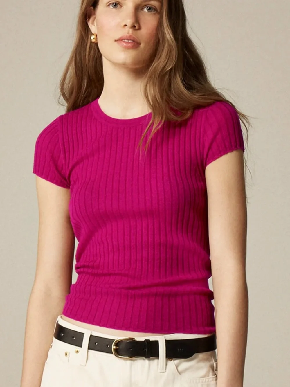 J. Crew Silk Cashmere Blend Wide Ribbed Crewneck Shirt Medium Magenta